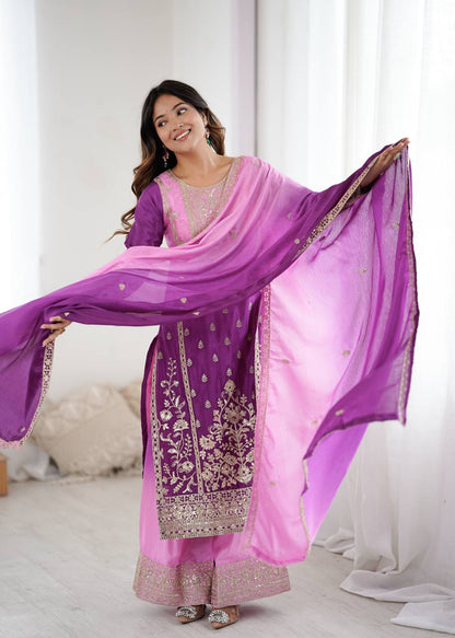 Premium Purple Embroidered Kurta Set with Dual-Tone Pink Dupatta