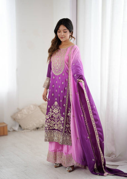 Premium Purple Embroidered Kurta Set with Dual-Tone Pink Dupatta