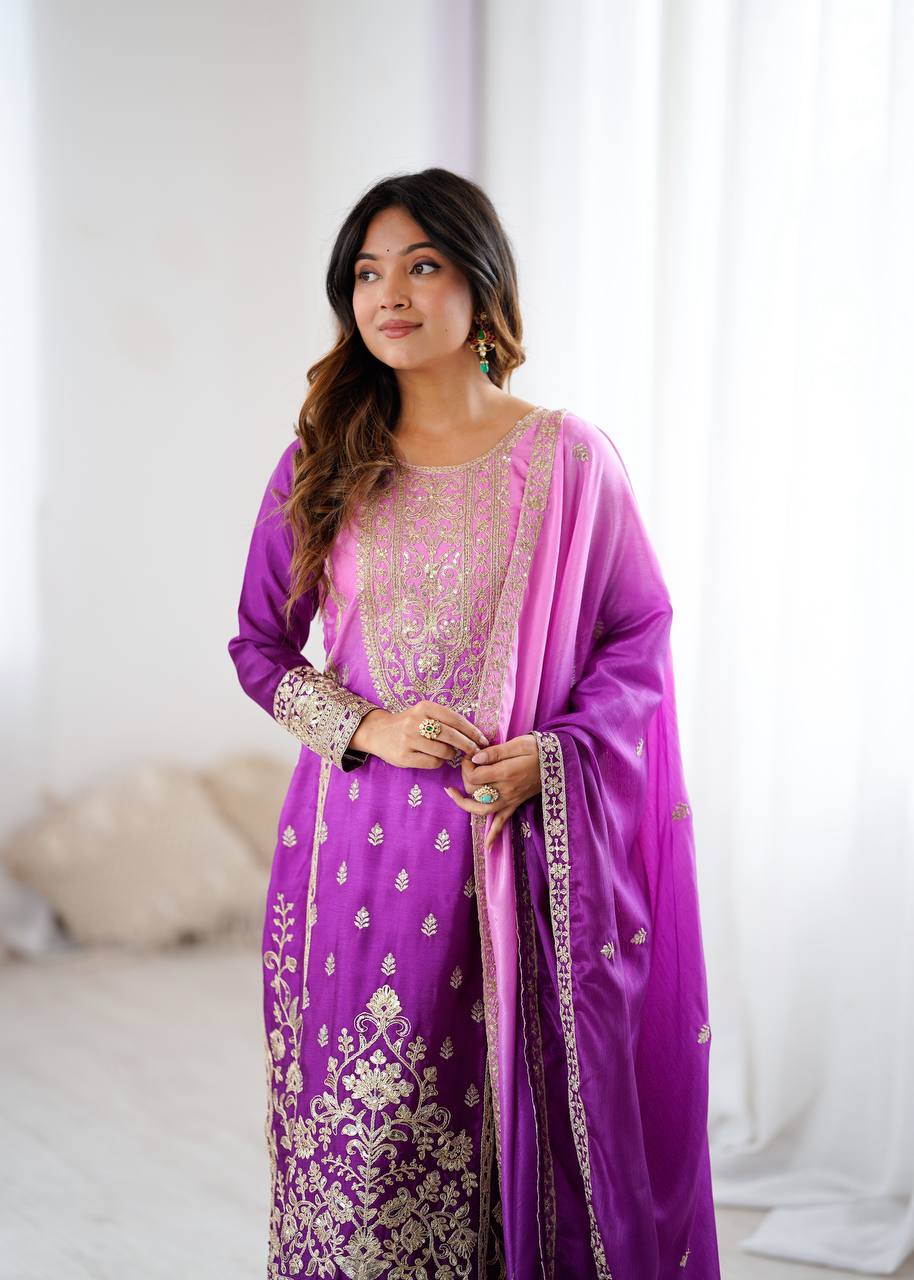 Premium Purple Embroidered Kurta Set with Dual-Tone Pink Dupatta