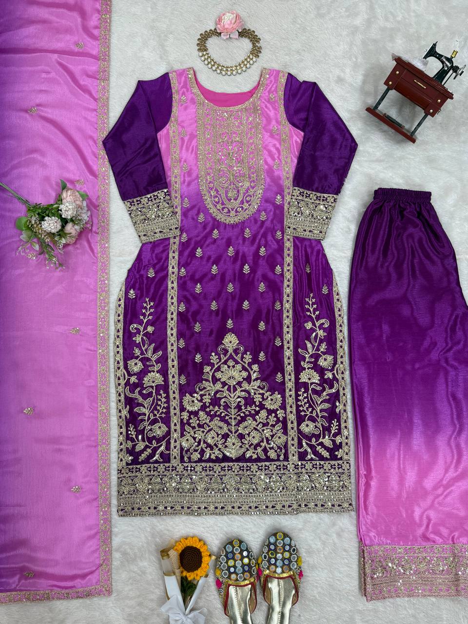 Premium Purple Embroidered Kurta Set with Dual-Tone Pink Dupatta