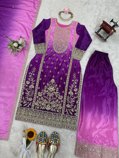 Premium Purple Embroidered Kurta Set with Dual-Tone Pink Dupatta