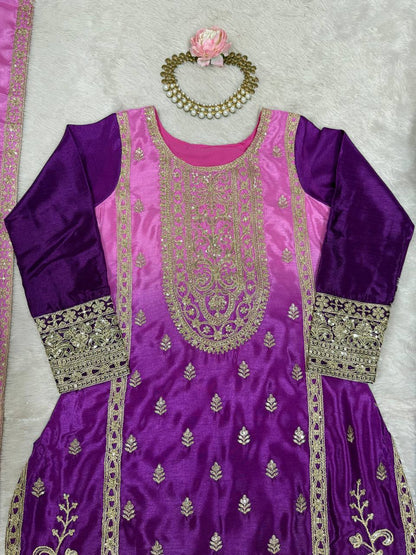 Premium Purple Embroidered Kurta Set with Dual-Tone Pink Dupatta