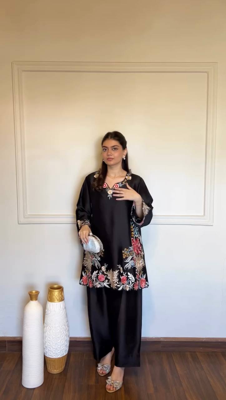 Premium Black Floral Embroidered Kurta Palazzo Set