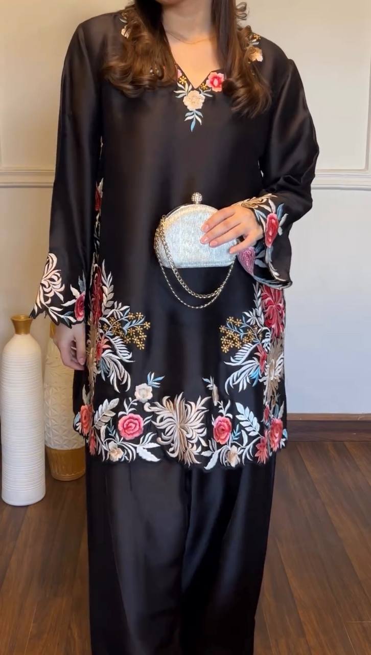 Premium Black Floral Embroidered Kurta Palazzo Set