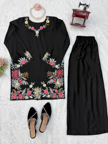 Premium Black Floral Embroidered Kurta Palazzo Set