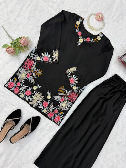 Premium Black Floral Embroidered Kurta Palazzo Set