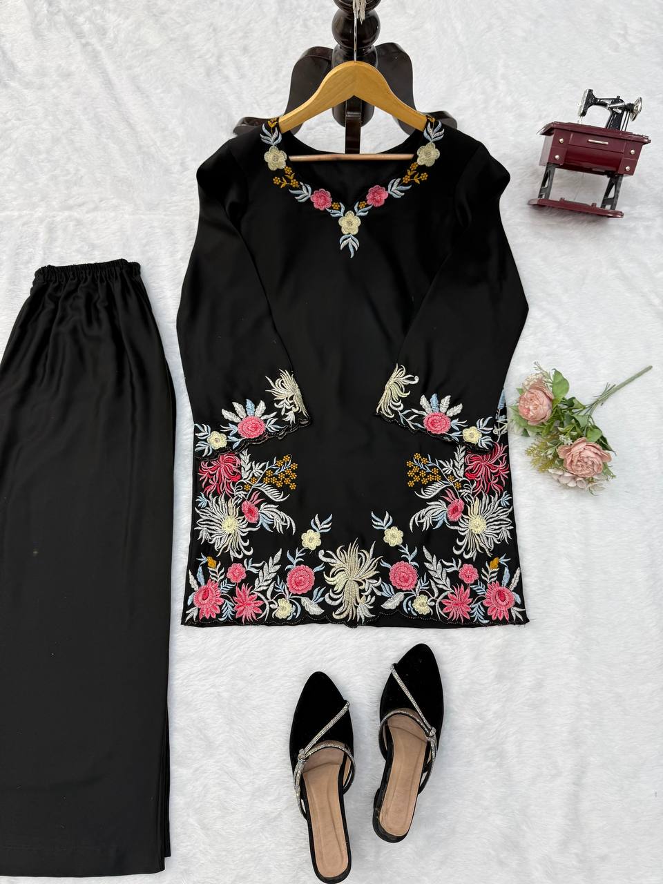 Premium Black Floral Embroidered Kurta Palazzo Set