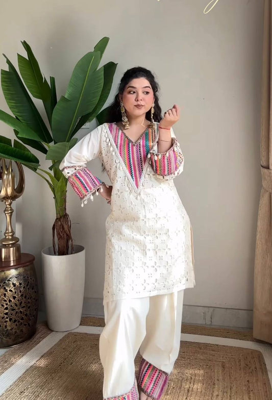 Elegant White Embroidered Kurta Set with Free Bag