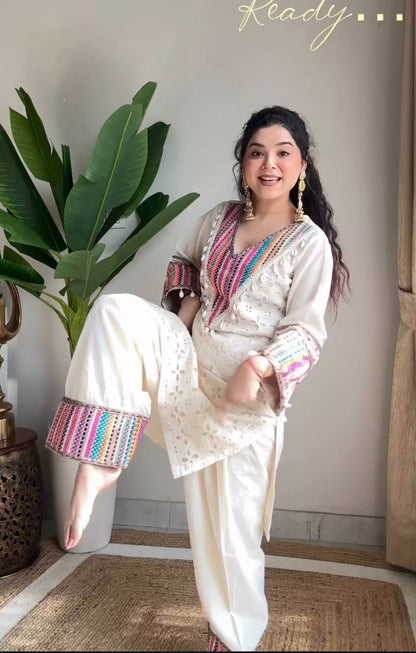 Elegant White Embroidered Kurta Set with Free Bag
