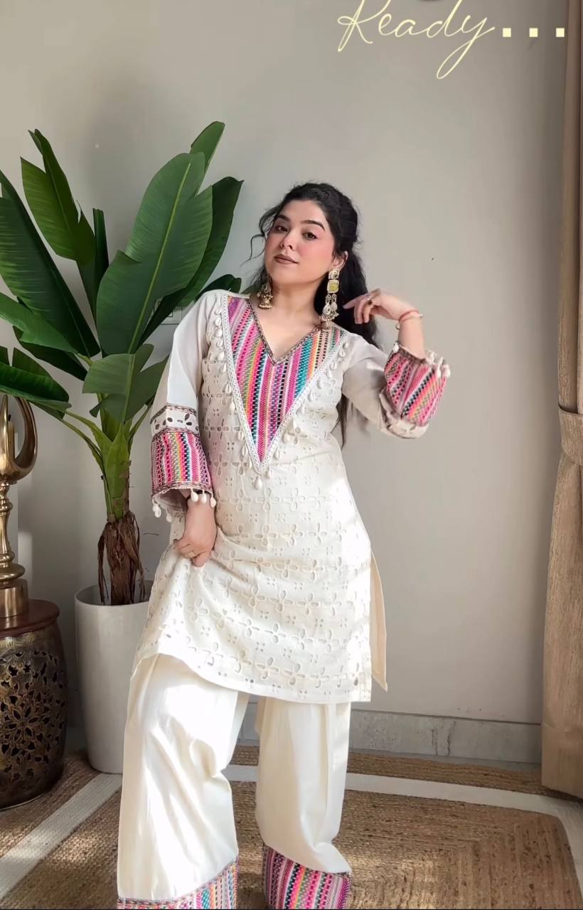 Elegant White Embroidered Kurta Set with Free Bag