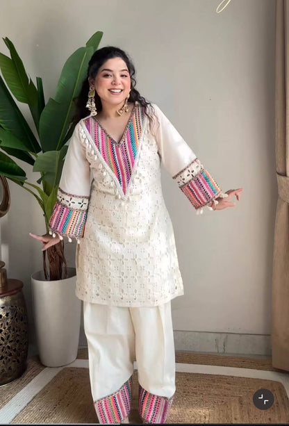 Elegant White Embroidered Kurta Set with Free Bag