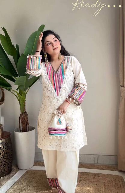 Elegant White Embroidered Kurta Set with Free Bag
