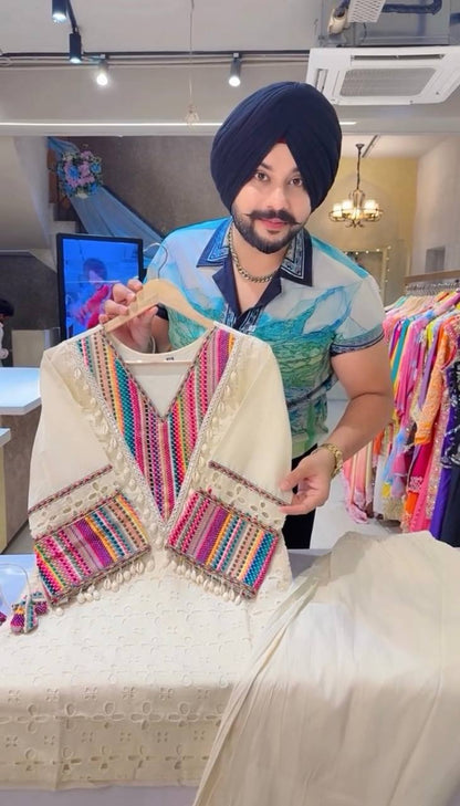Elegant White Embroidered Kurta Set with Free Bag