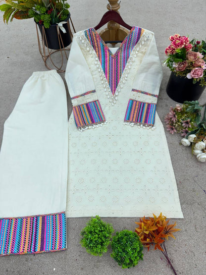 Elegant White Embroidered Kurta Set with Free Bag
