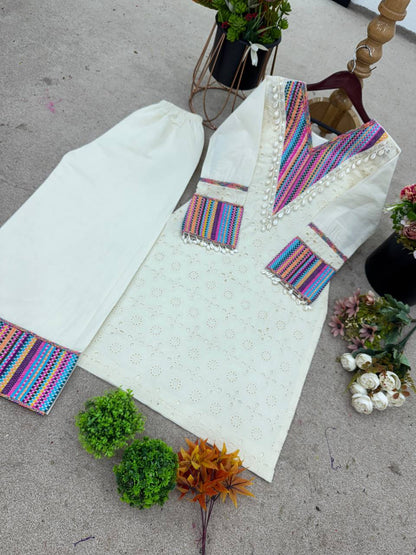 Elegant White Embroidered Kurta Set with Free Bag