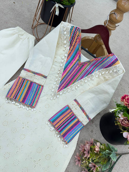 Elegant White Embroidered Kurta Set with Free Bag