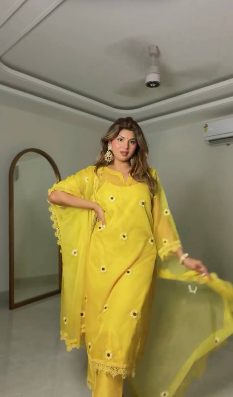 Sunshine Yellow Floral Embroidered Kurta Set with Dupatta for Women