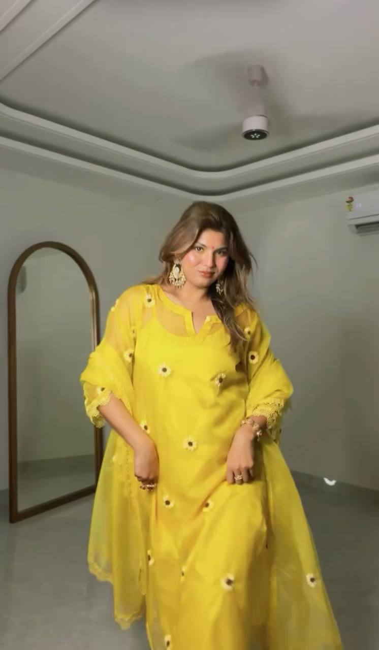 Sunshine Yellow Floral Embroidered Kurta Set with Dupatta for Women