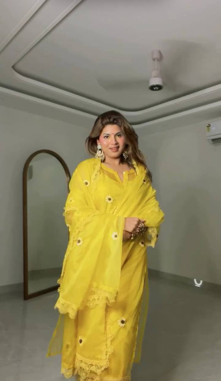 Sunshine Yellow Floral Embroidered Kurta Set with Dupatta for Women
