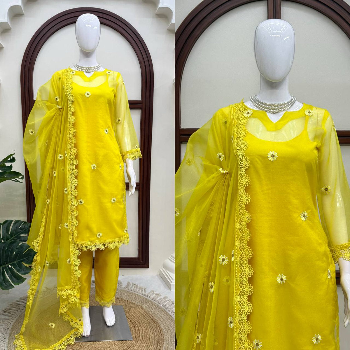 Sunshine Yellow Floral Embroidered Kurta Set with Dupatta for Women