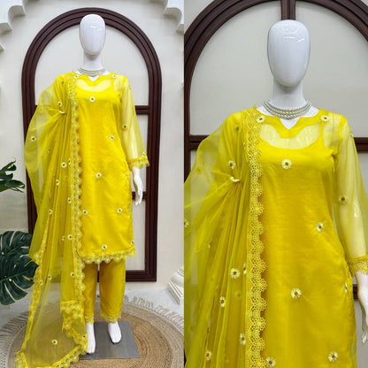 Sunshine Yellow Floral Embroidered Kurta Set with Dupatta for Women