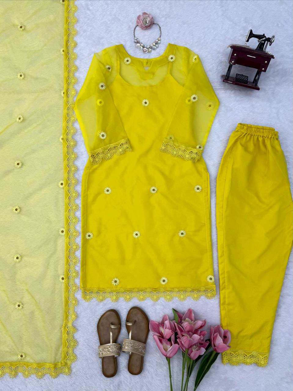Sunshine Yellow Floral Embroidered Kurta Set with Dupatta for Women