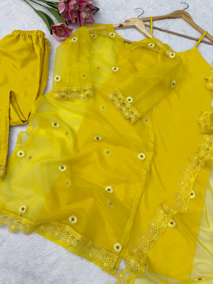 Sunshine Yellow Floral Embroidered Kurta Set with Dupatta for Women