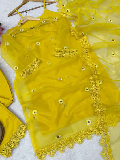 Sunshine Yellow Floral Embroidered Kurta Set with Dupatta for Women