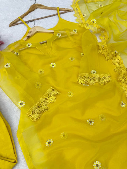 Sunshine Yellow Floral Embroidered Kurta Set with Dupatta for Women