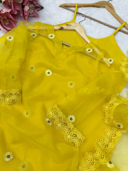 Sunshine Yellow Floral Embroidered Kurta Set with Dupatta for Women