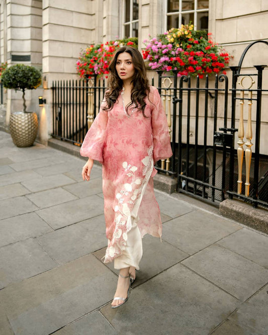 Blush Pink Floral Organza Kurta Set with Elegant White Embroidery for Women