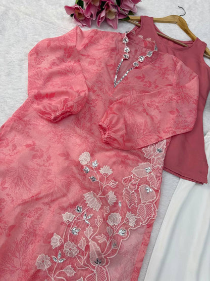 Blush Pink Floral Organza Kurta Set with Elegant White Embroidery for Women
