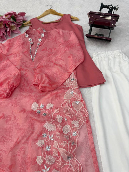 Blush Pink Floral Organza Kurta Set with Elegant White Embroidery for Women