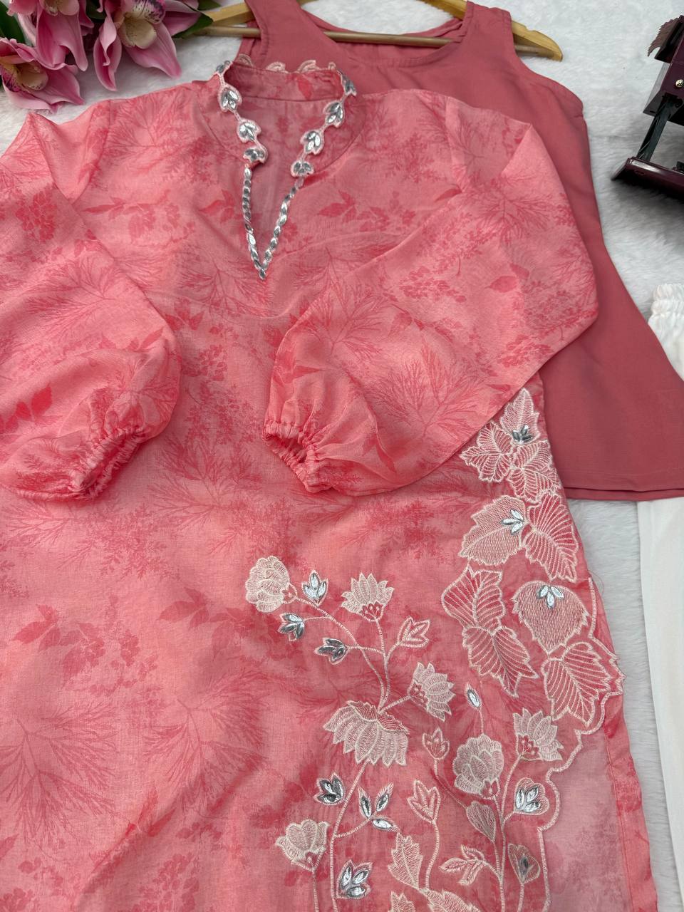 Blush Pink Floral Organza Kurta Set with Elegant White Embroidery for Women
