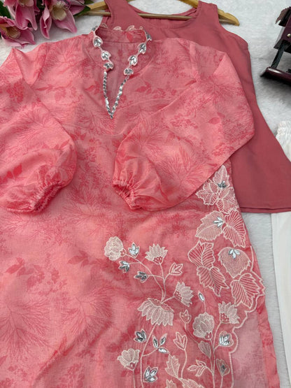 Blush Pink Floral Organza Kurta Set with Elegant White Embroidery for Women