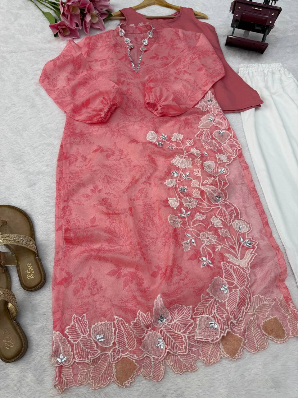 Blush Pink Floral Organza Kurta Set with Elegant White Embroidery for Women