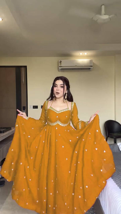 Women's Elegant Anarkali Gown with Golden Embroidery – Festive & Party Wear