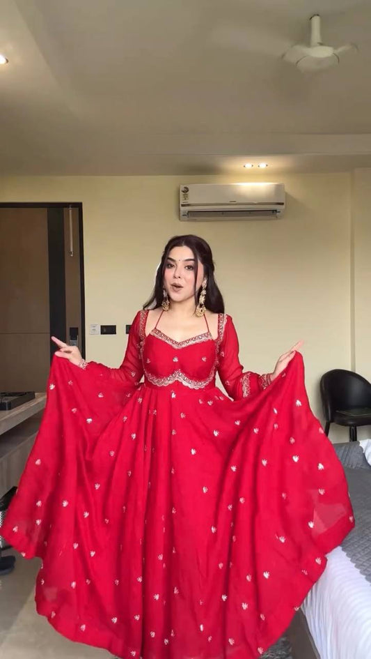 Women's Elegant Anarkali Gown with Golden Embroidery – Festive & Party Wear
