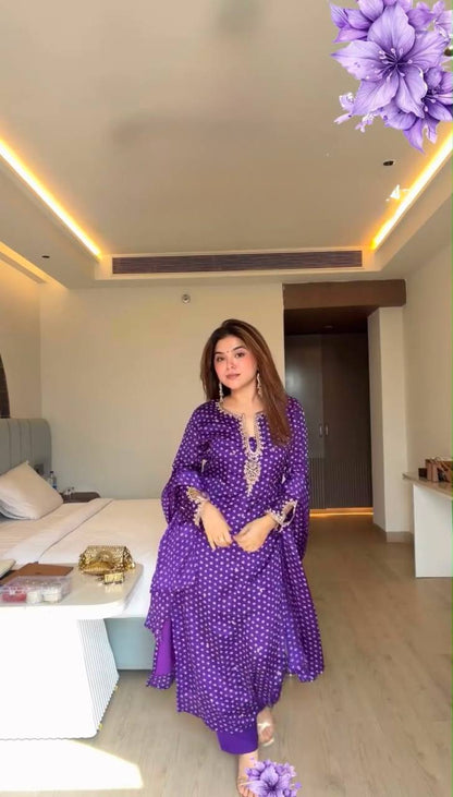 Elegant Purple Printed Kurta Set with Embellished Neckline & Matching Dupatta