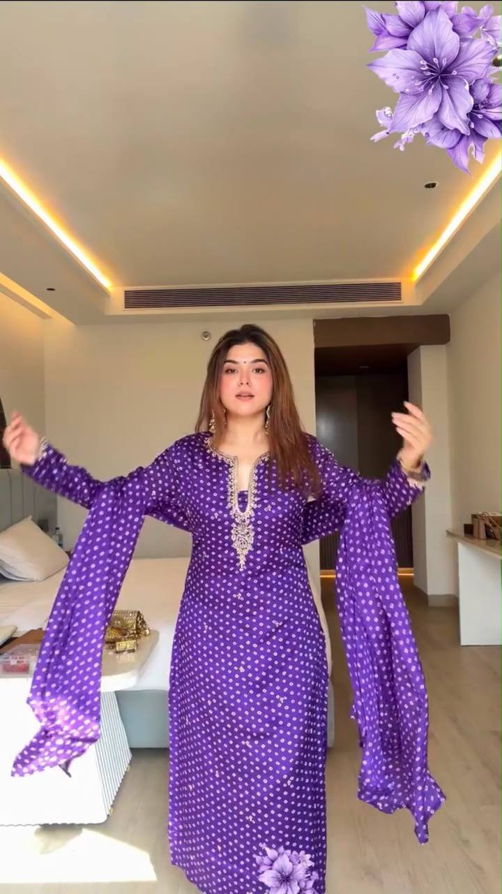 Elegant Purple Printed Kurta Set with Embellished Neckline & Matching Dupatta