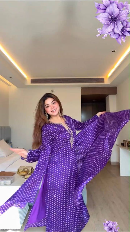 Elegant Purple Printed Kurta Set with Embellished Neckline & Matching Dupatta