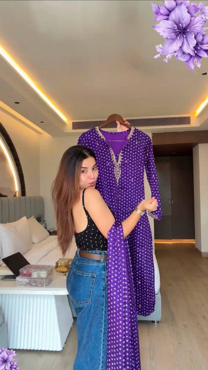 Elegant Purple Printed Kurta Set with Embellished Neckline & Matching Dupatta