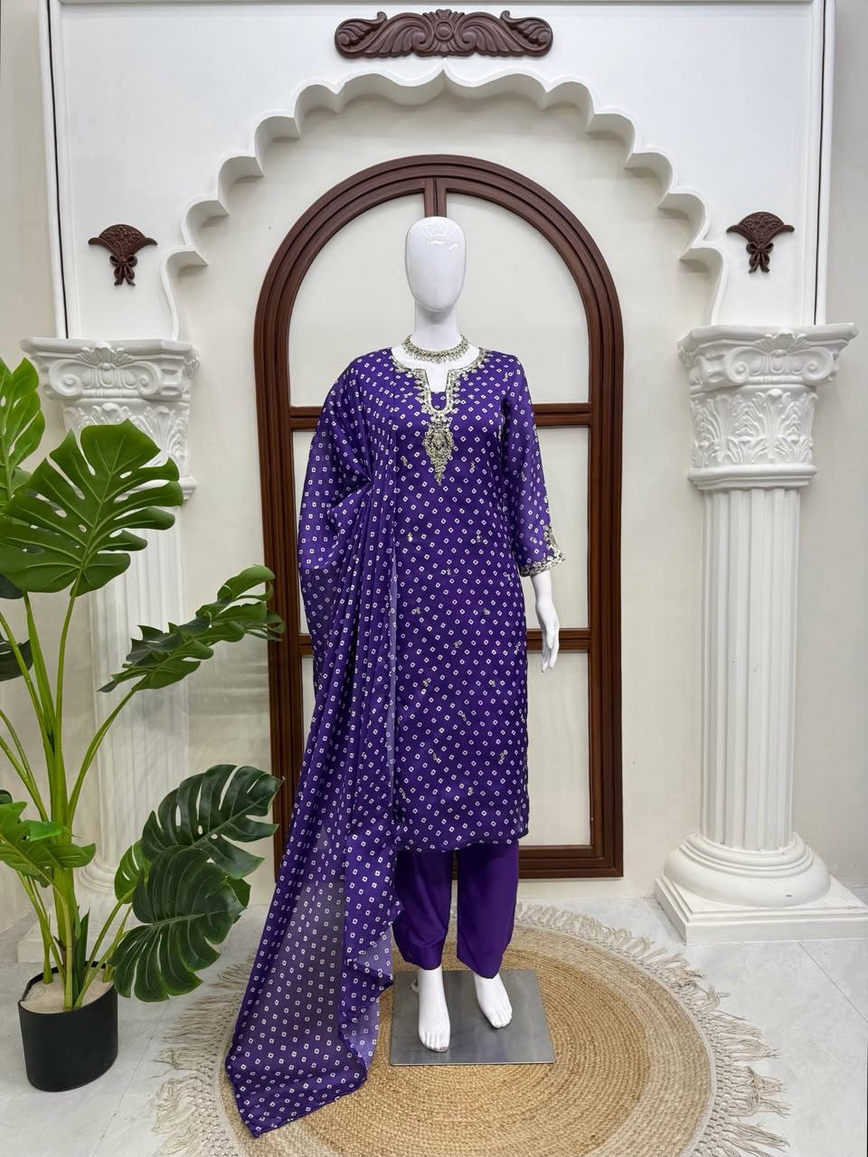 Elegant Purple Printed Kurta Set with Embellished Neckline & Matching Dupatta