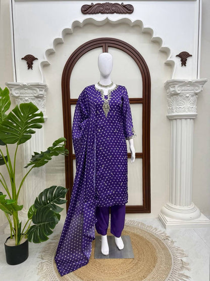 Elegant Purple Printed Kurta Set with Embellished Neckline & Matching Dupatta