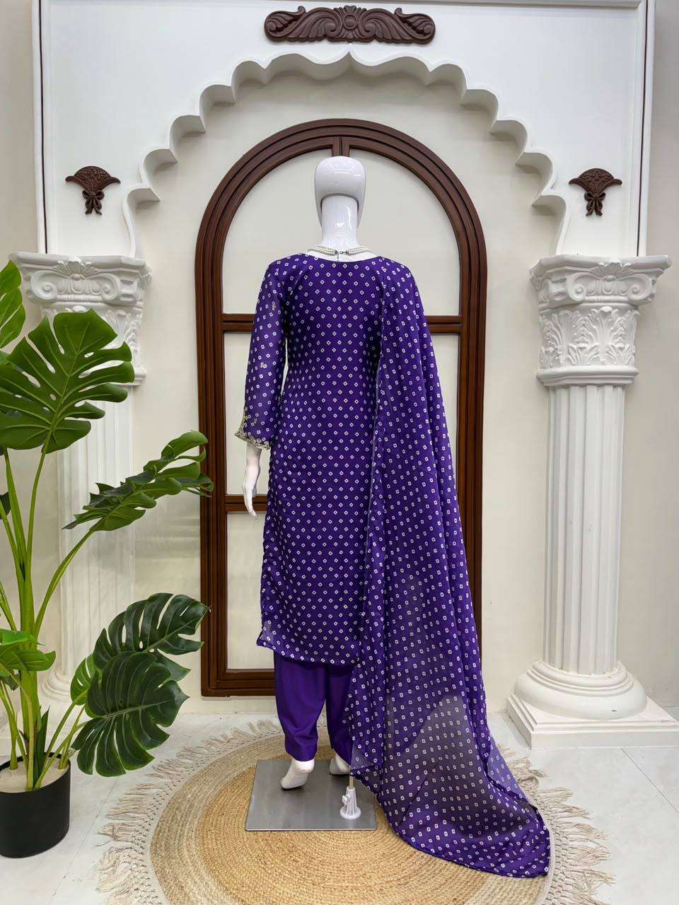 Elegant Purple Printed Kurta Set with Embellished Neckline & Matching Dupatta