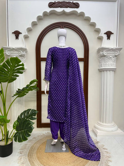 Elegant Purple Printed Kurta Set with Embellished Neckline & Matching Dupatta