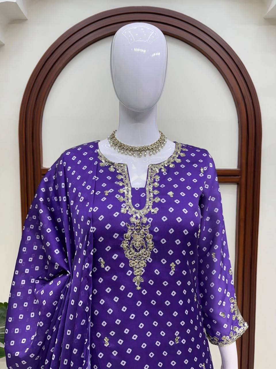 Elegant Purple Printed Kurta Set with Embellished Neckline & Matching Dupatta