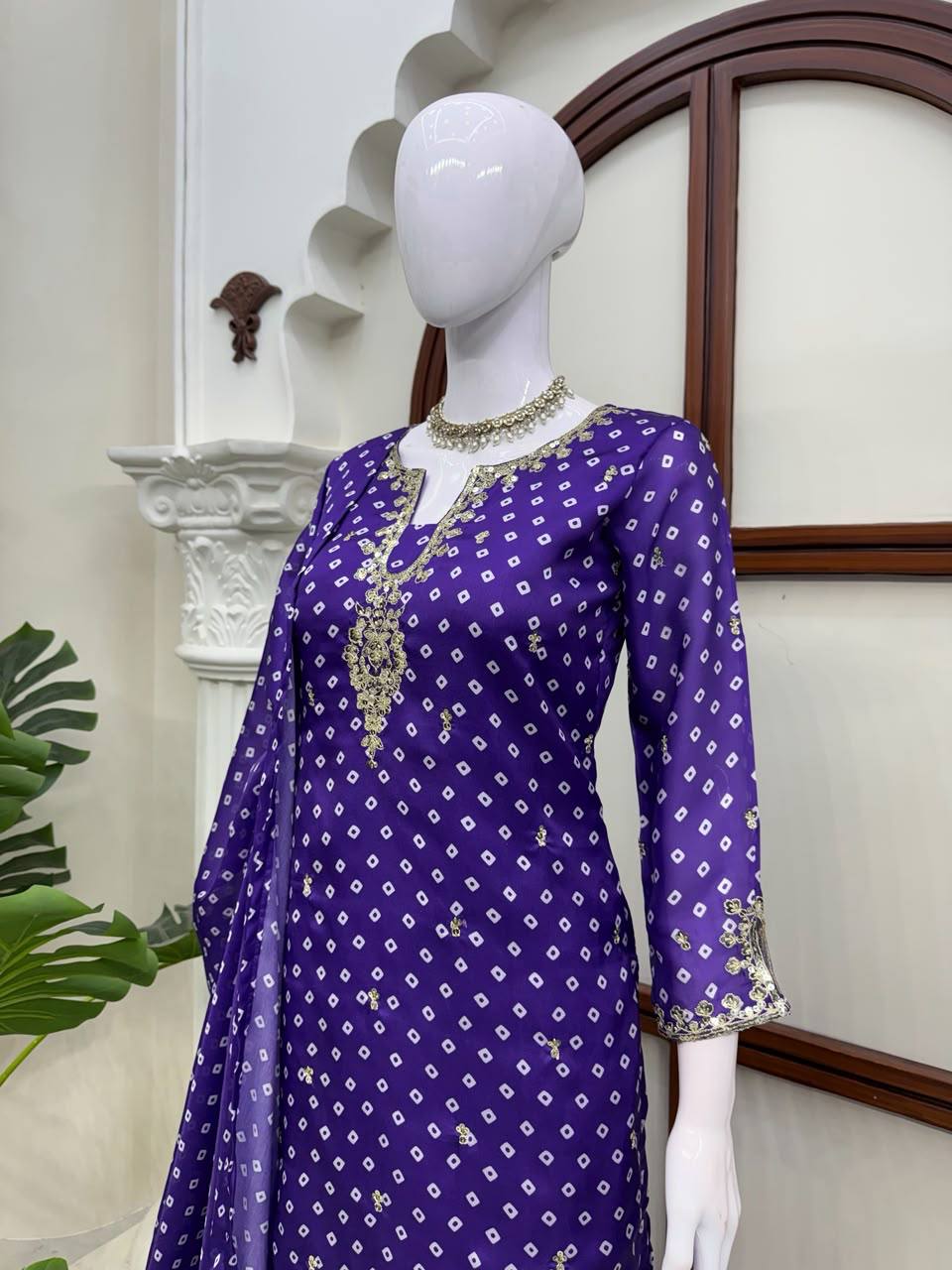 Elegant Purple Printed Kurta Set with Embellished Neckline & Matching Dupatta