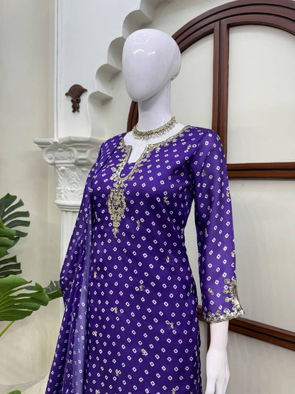 Elegant Purple Printed Kurta Set with Embellished Neckline & Matching Dupatta