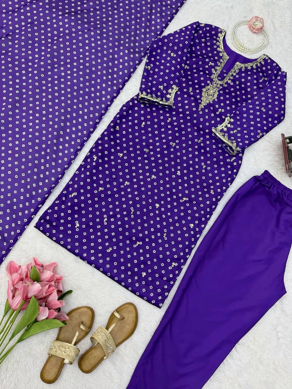 Elegant Purple Printed Kurta Set with Embellished Neckline & Matching Dupatta